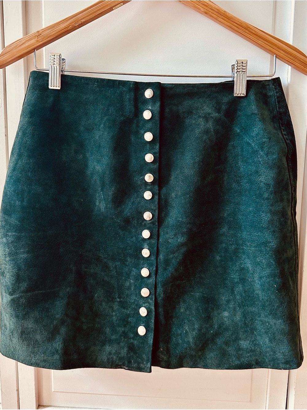 Green Suede Button-Front Mini Skirt